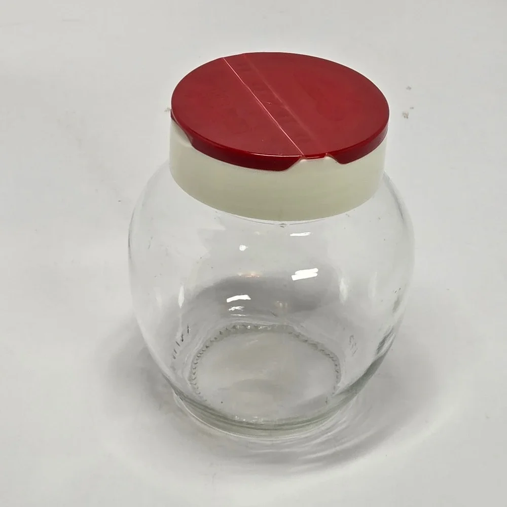 Vintage Glass Spice Jar Red White Dual Flip Top Shaker Pour Lid Clear Canister